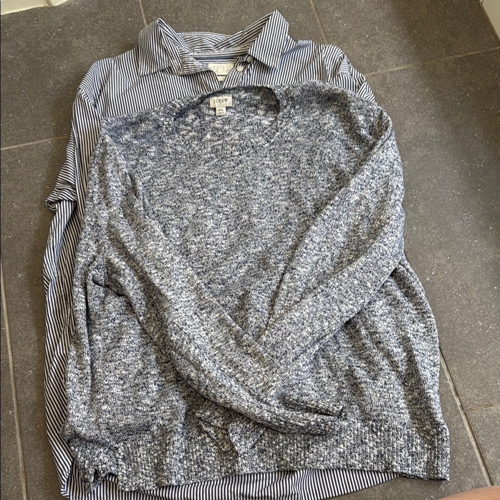 J.Crew Heathered Navy Sweater Layered Over Striped Button-Up
